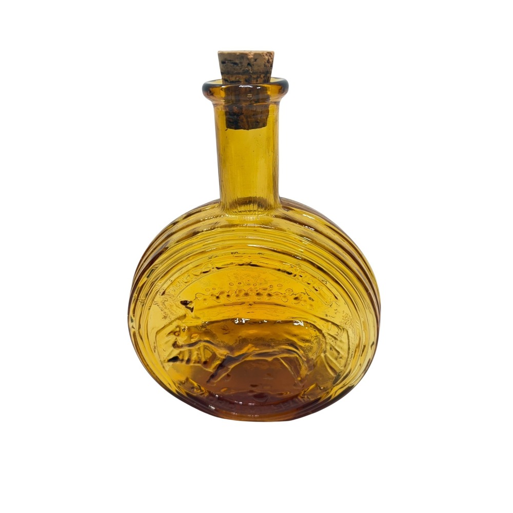Vintage Amber Glass Bull Decanter Made in Italy Cork Stopper Round Bottle 8.5in